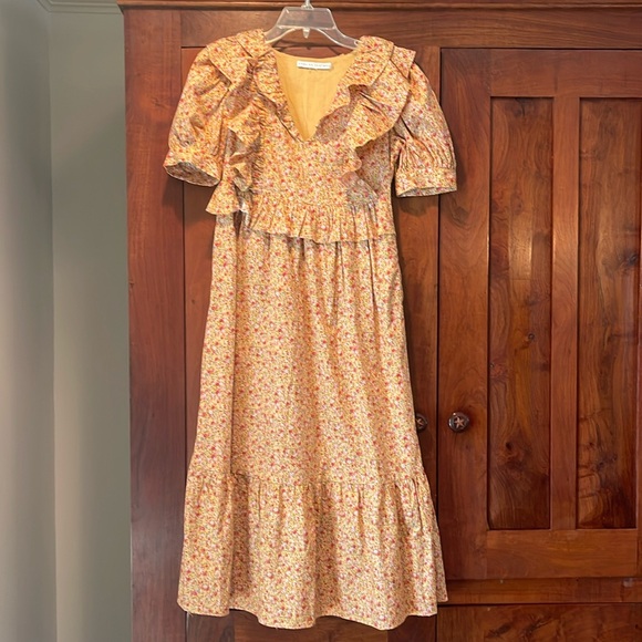 English Factory Dresses & Skirts - English Factory | Cotton Floral Ruffled Midi Dress, orange with pink roses, XS